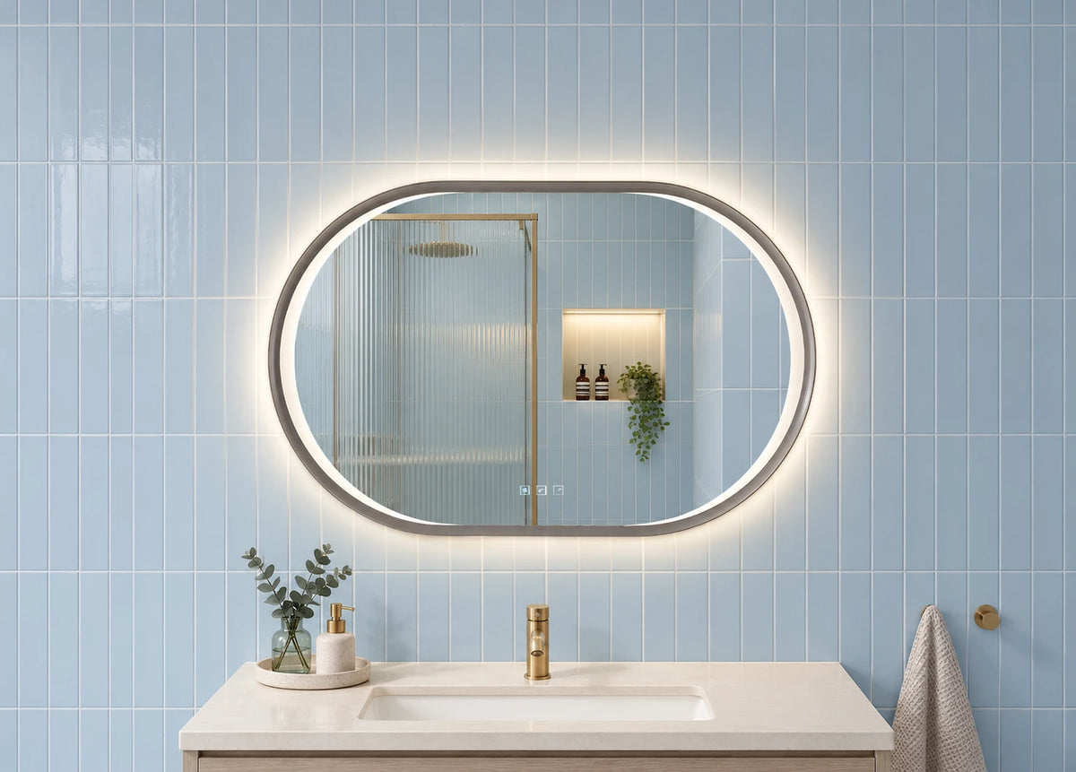 Horizontal Capsule LED Bathroom Mirror — catalog detail view; KS-009-1002