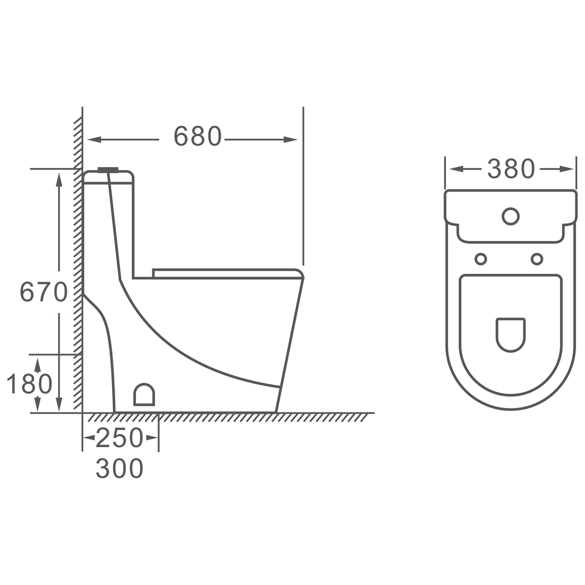 SANIKB HSJ-2202 one-piece toilet dimension drawing, 680 × 380 × 670 mm