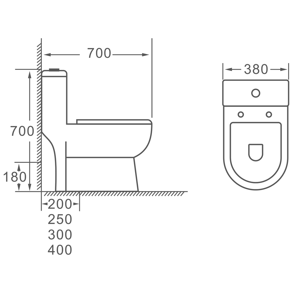SANIKB HSJ-2347 one-piece toilet dimension drawing, 700 × 380 × 700 mm