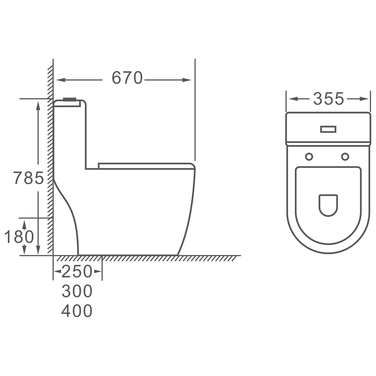 SANIKB HSJ-2424 one-piece toilet dimension drawing, 670 × 355 × 785 mm
