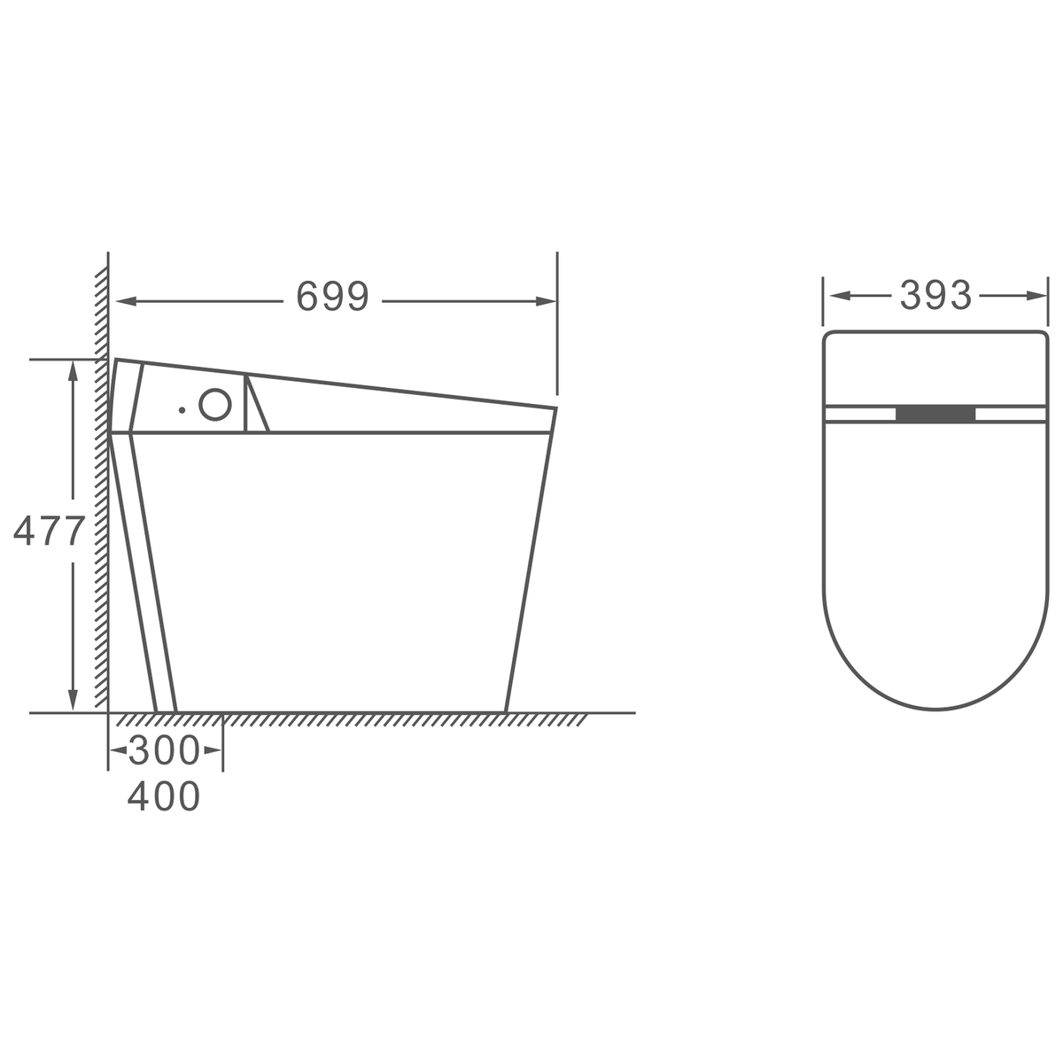 SANIKB HSJ-G15 floor-mounted smart toilet dimension drawing, 699 × 393 × 477 mm