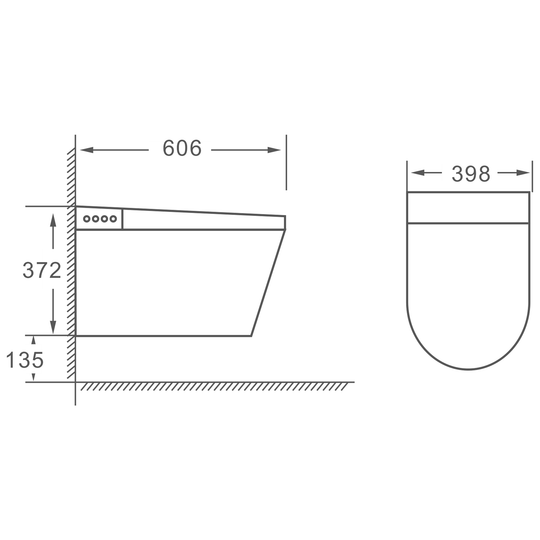 SANIKB HSJ-V7201 wall-hung smart toilet dimension drawing, 606 × 398 × 372 mm