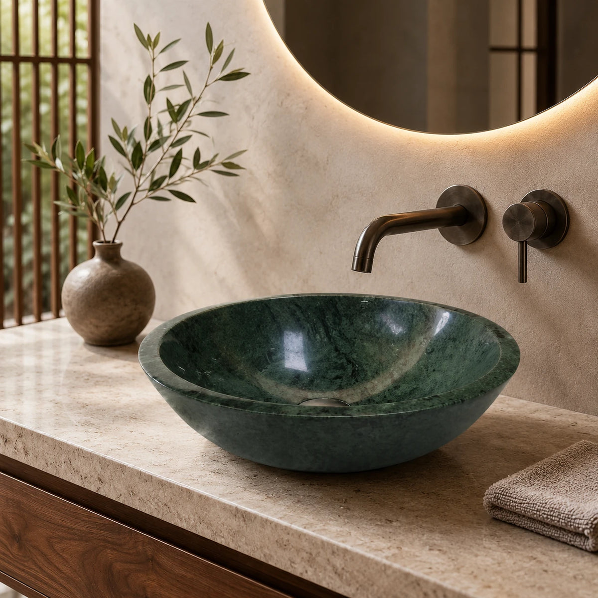 Indian Green Marble Round Vessel Basin 16.5×5.5