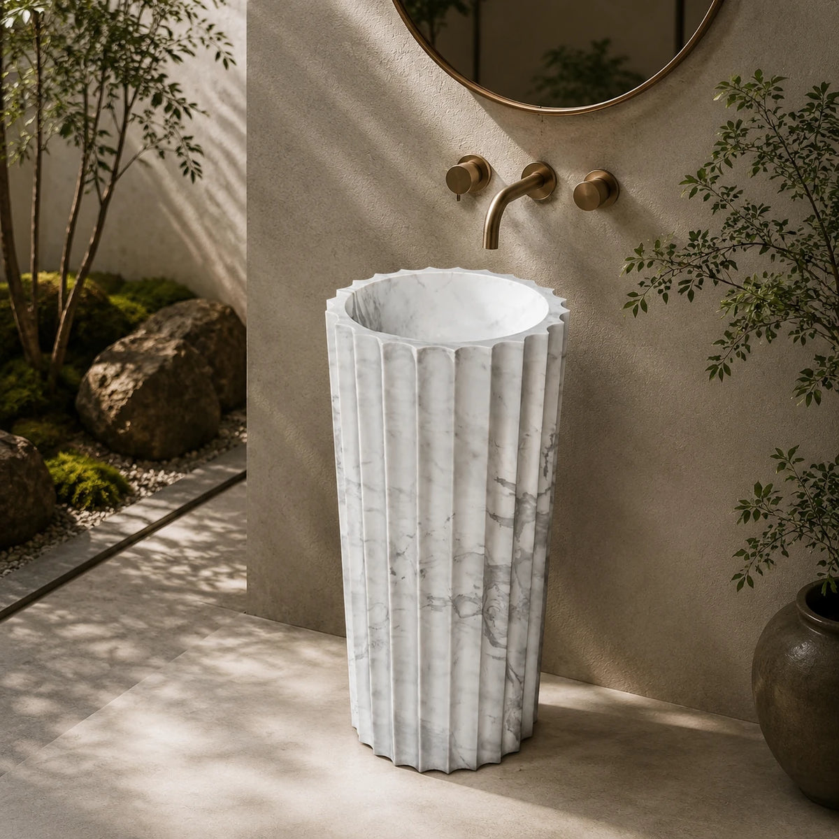 Jazz White Marble Fluted Pedestal Basin