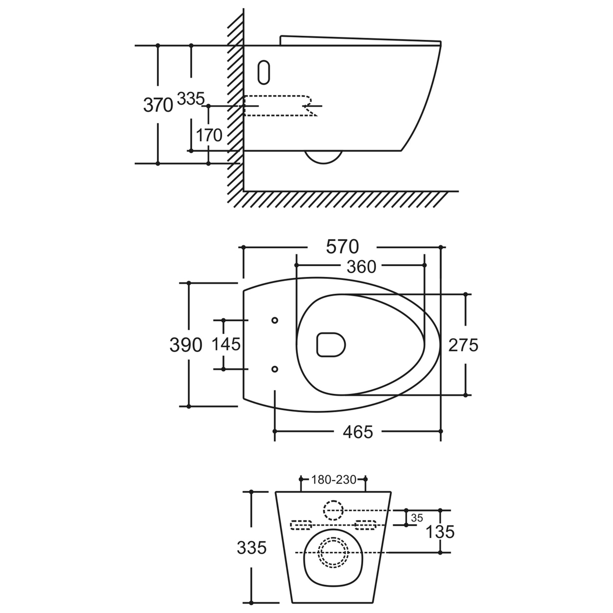 SANIKB LJ-A07 wall-hung toilet dimension drawing, 570 × 390 × 370 mm