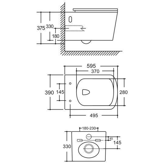 SANIKB LJ-A08 wall-hung toilet dimension drawing, 595 × 390 × 375 mm