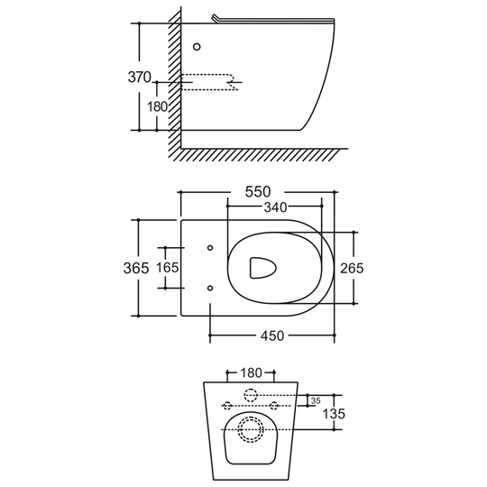 SANIKB LJ-A09E wall-hung toilet dimension drawing, 550 × 365 × 370 mm