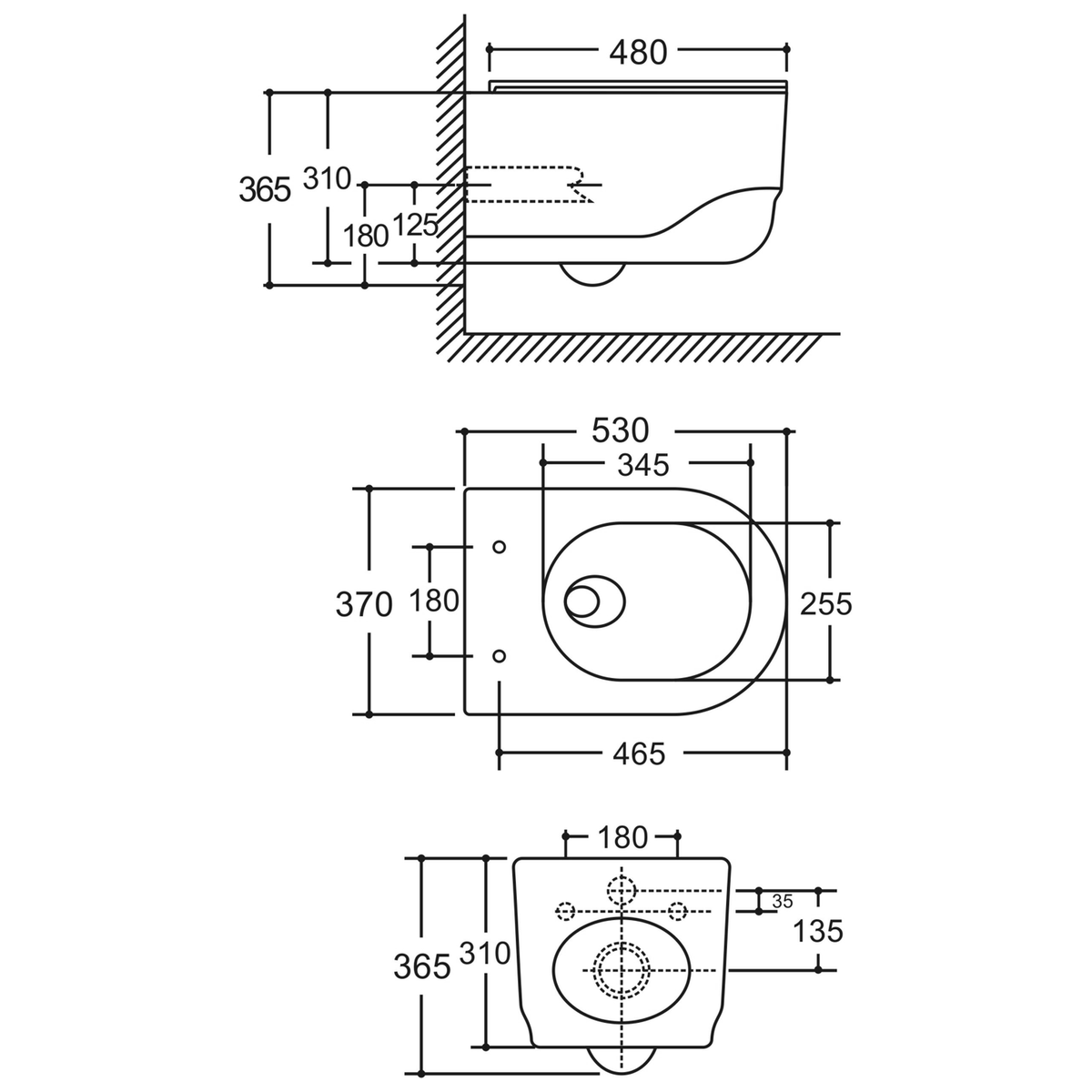 SANIKB LJ-A12 wall-hung toilet dimension drawing, 530 × 370 × 365 mm