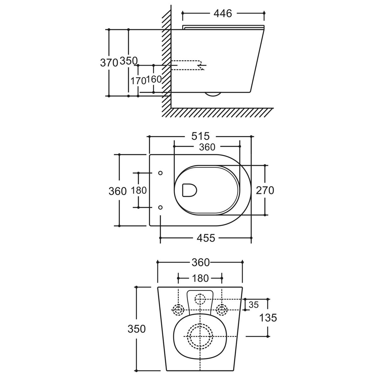 SANIKB LJ-A13 wall-hung toilet dimension drawing, 515 × 360 × 370 mm