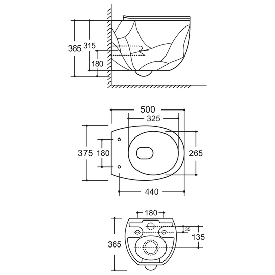 SANIKB LJ-A18 wall-hung toilet dimension drawing, 500 × 375 × 365 mm