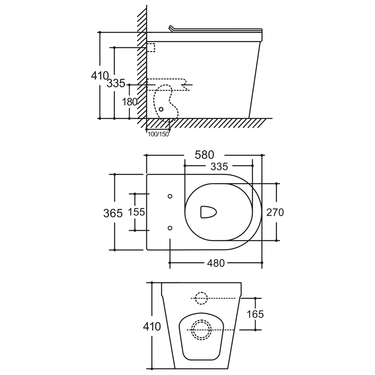 SANIKB LJ-B011 back-to-wall toilet dimension drawing, 580 × 365 × 410 mm