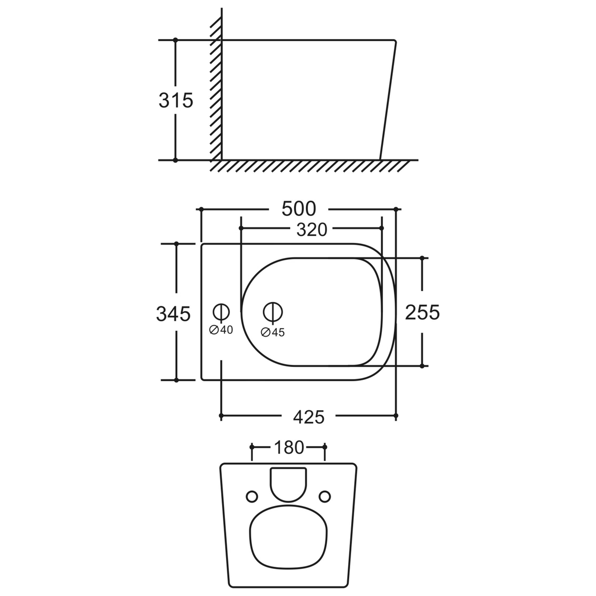 SANIKB LJ-DE03 bidet dimension drawing, 500 × 345 × 315 mm