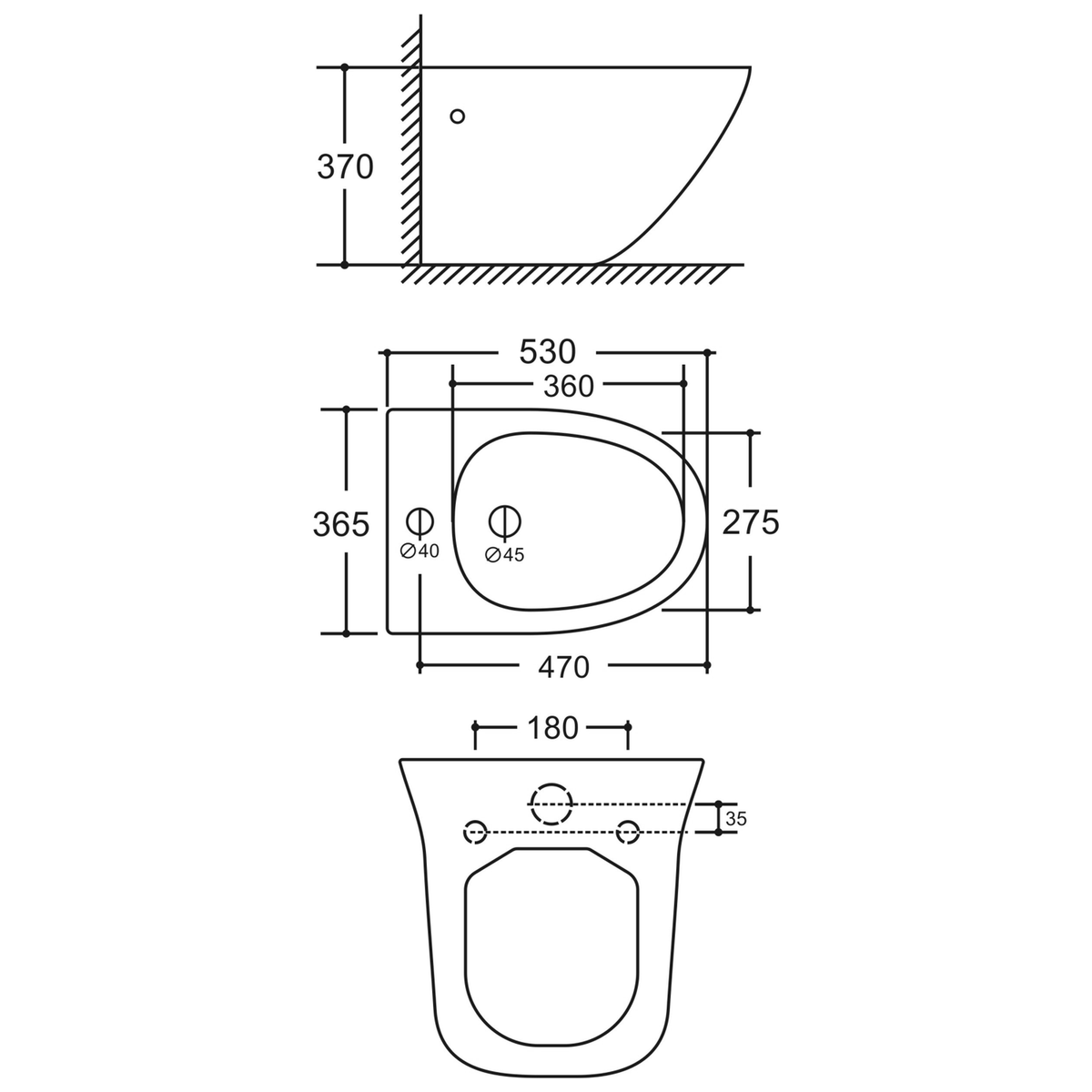 SANIKB LJ-DE06 bidet dimension drawing, 530 × 365 × 370 mm