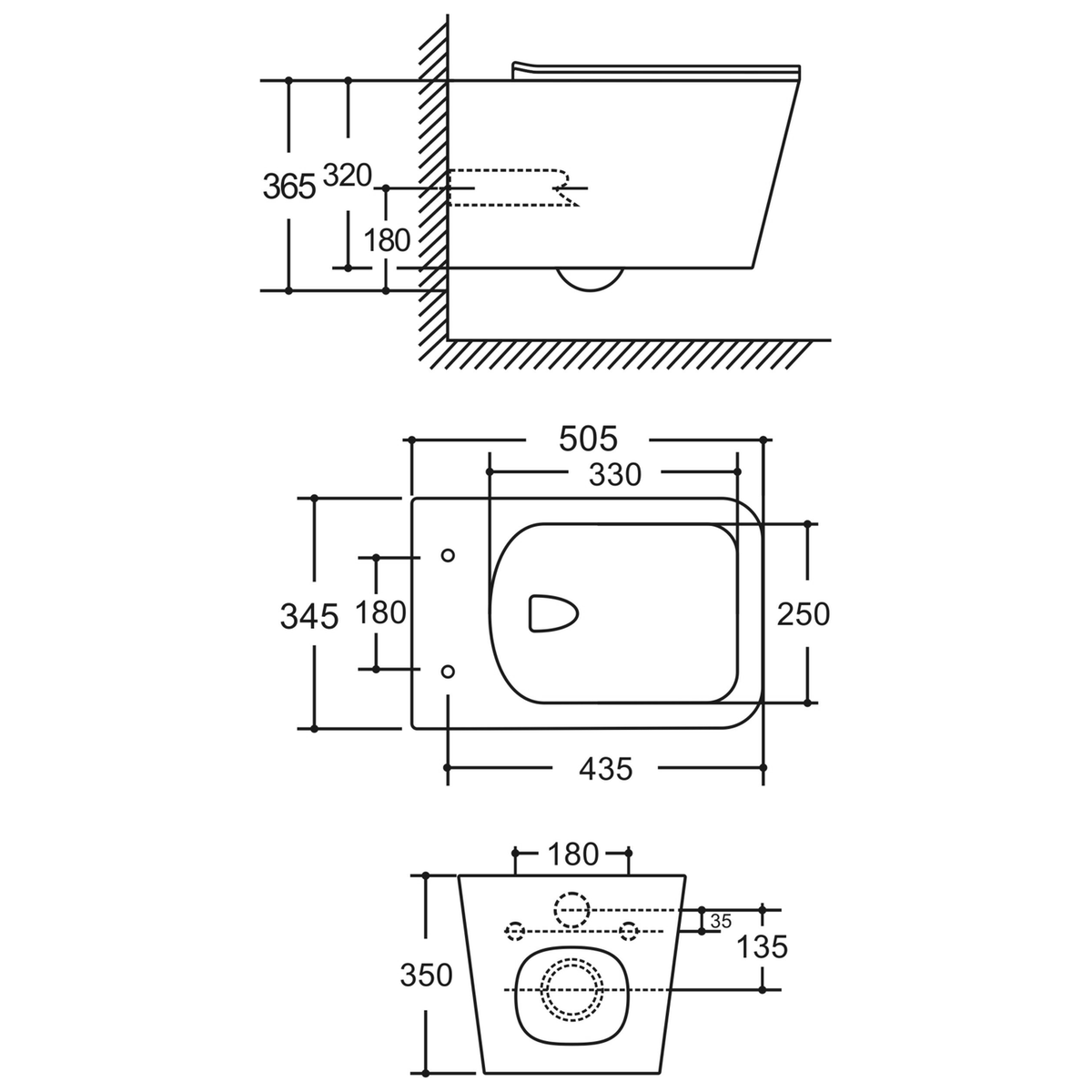 SANIKB LJ-E03 wall-hung toilet dimension drawing, 505 × 345 × 365 mm