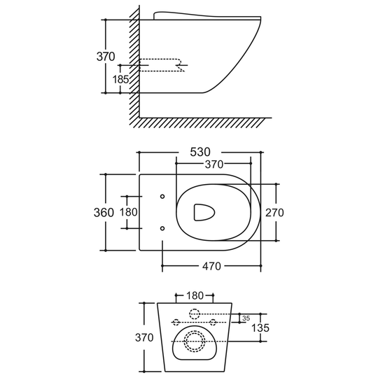 SANIKB LJ-E06 wall-hung toilet dimension drawing, 530 × 360 × 370 mm