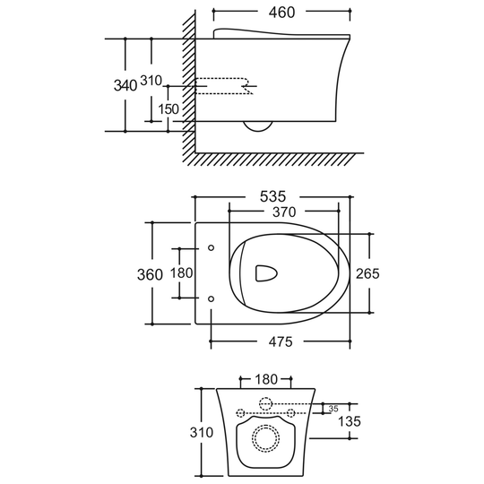 SANIKB LJ-E07 wall-hung toilet dimension drawing, 535 × 360 × 340 mm