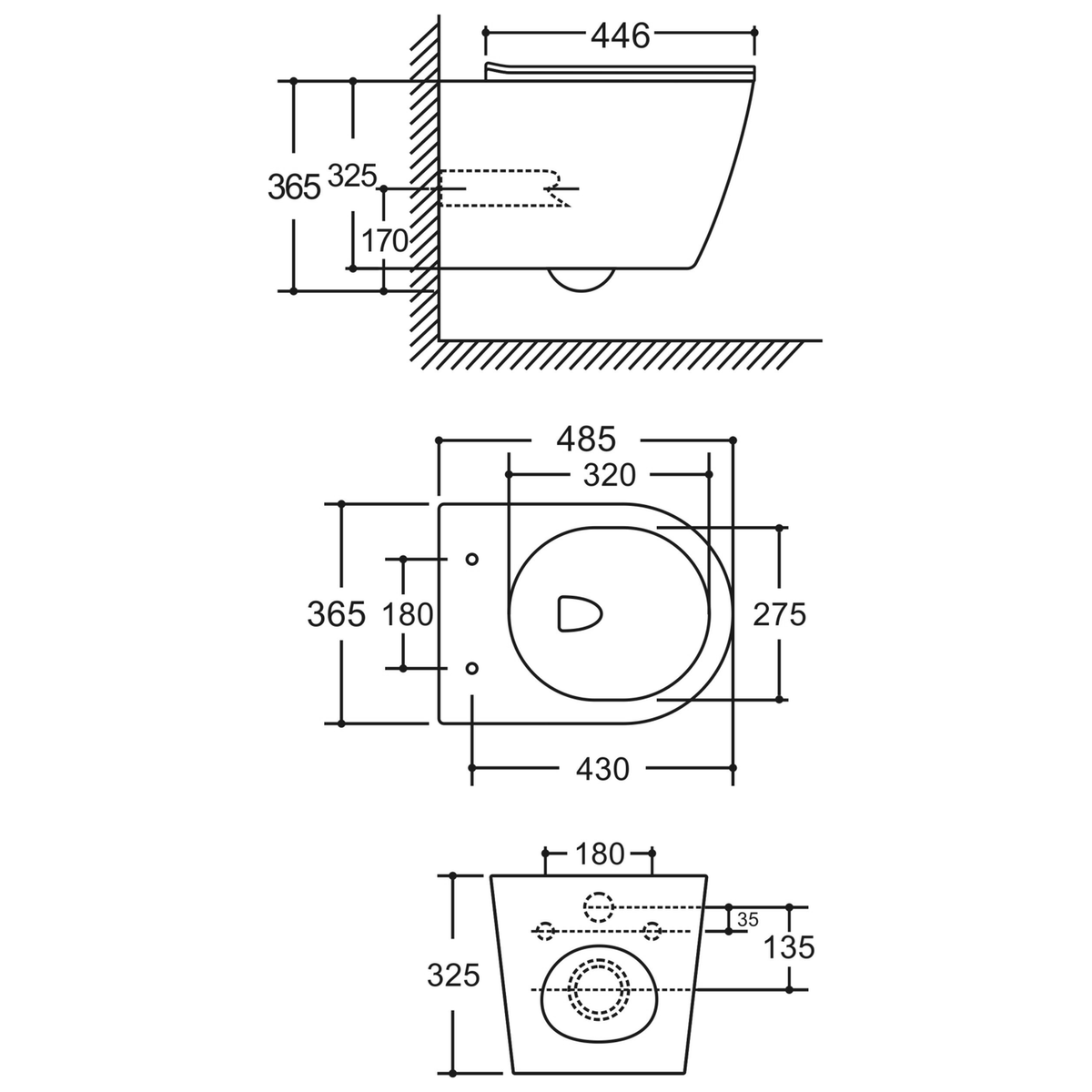 SANIKB LJ-E09S wall-hung toilet dimension drawing, 485 × 365 × 365 mm