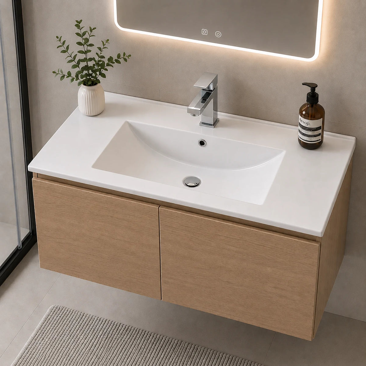 Multi size rectangular ceramic vanity sink installed in a styled bathroom — lifestyle scene, SANIKB SN1548.