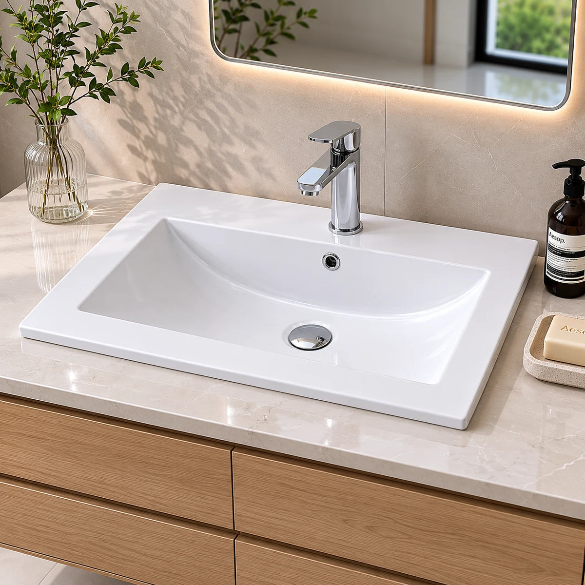 Multi size rectangular ceramic vanity sink installed in a styled bathroom — lifestyle scene, SANIKB SN1548.