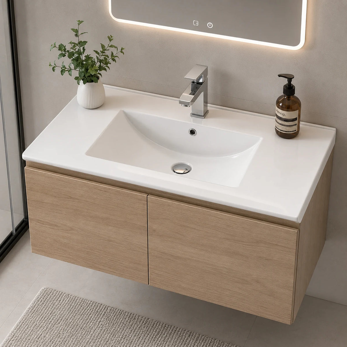 Multi size rectangular ceramic vanity sink installed in a styled bathroom — lifestyle scene, SANIKB SN1548.