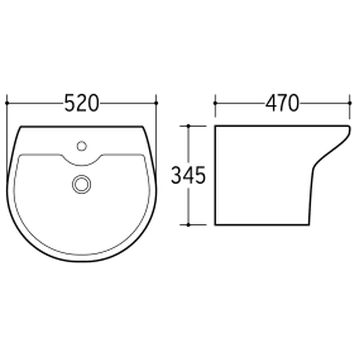 SANIKB NBK-202L wall-hung basin dimension drawing, 520 × 470 × 345 mm