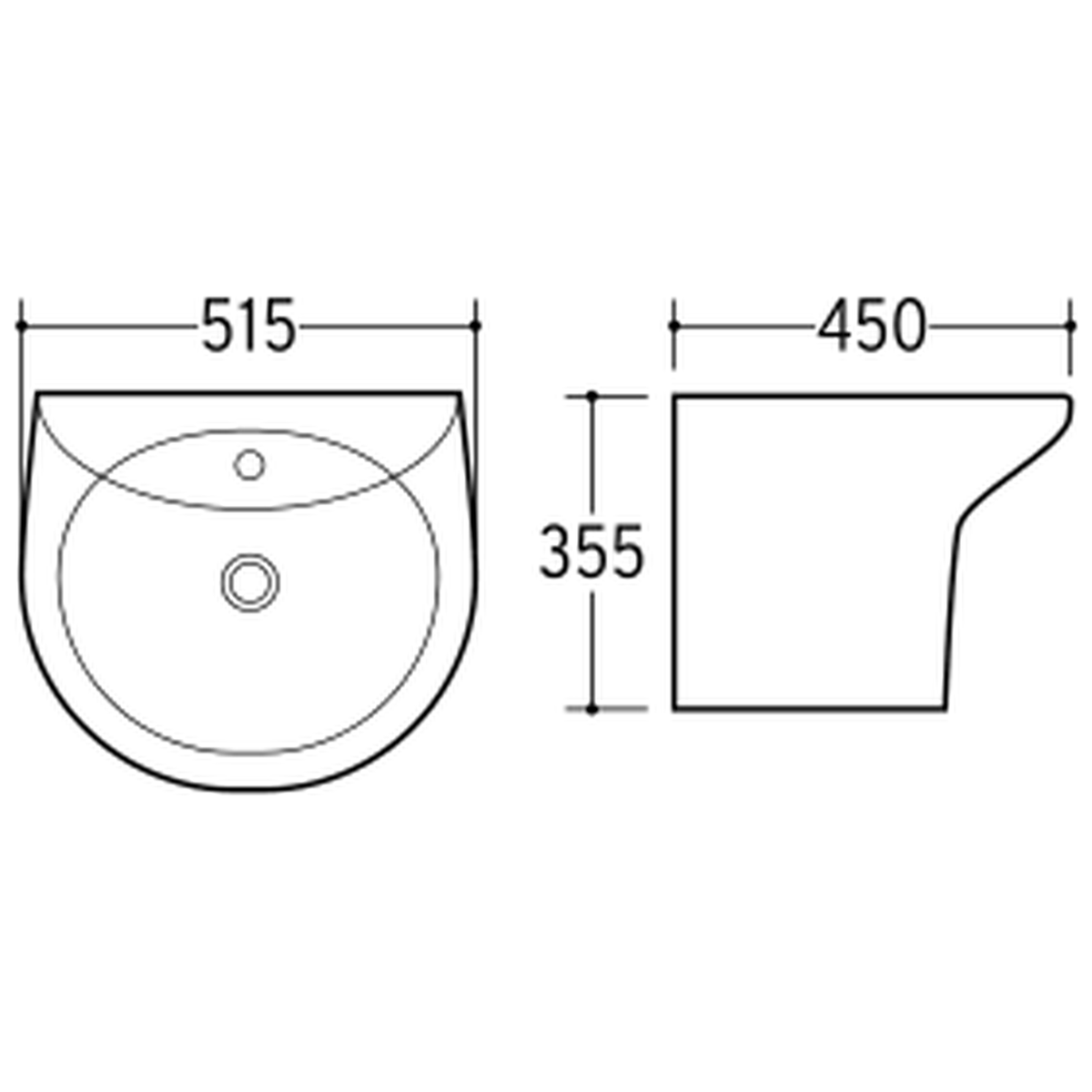 SANIKB NBK-203L wall-hung basin dimension drawing, 515 × 450 × 355 mm