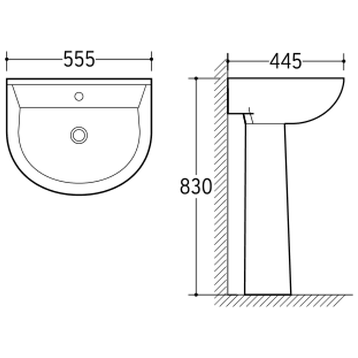SANIKB NBK-204 pedestal basin dimension drawing, 555 × 445 × 830 mm