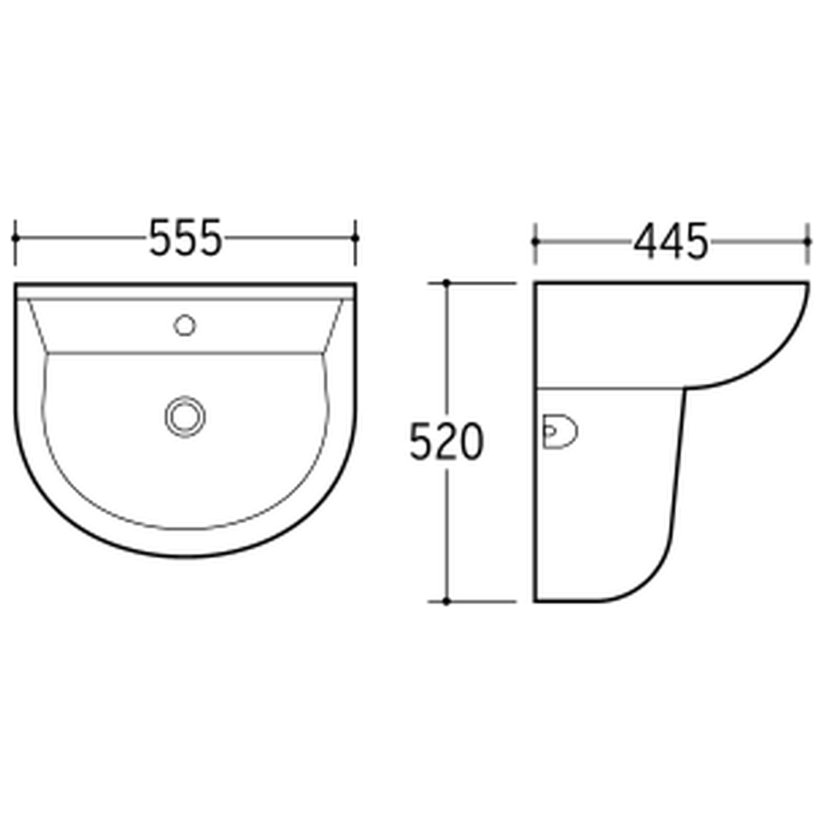 SANIKB NBK-204F wall-hung basin dimension drawing, 555 × 445 × 520 mm