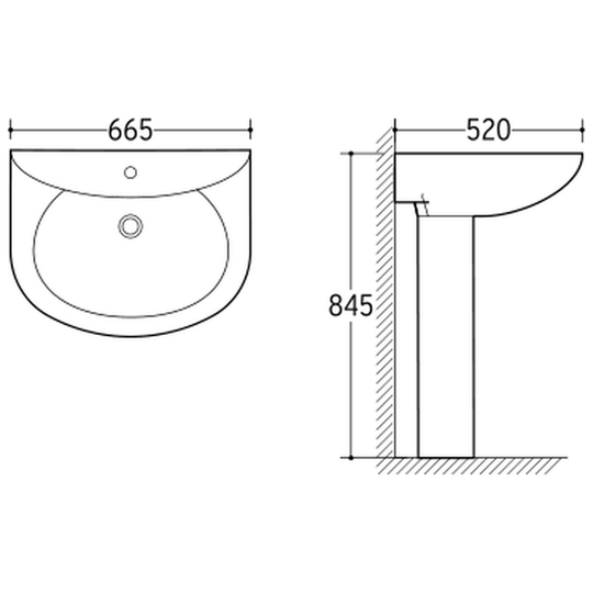 SANIKB NBK-211 pedestal basin dimension drawing, 665 × 520 × 845 mm