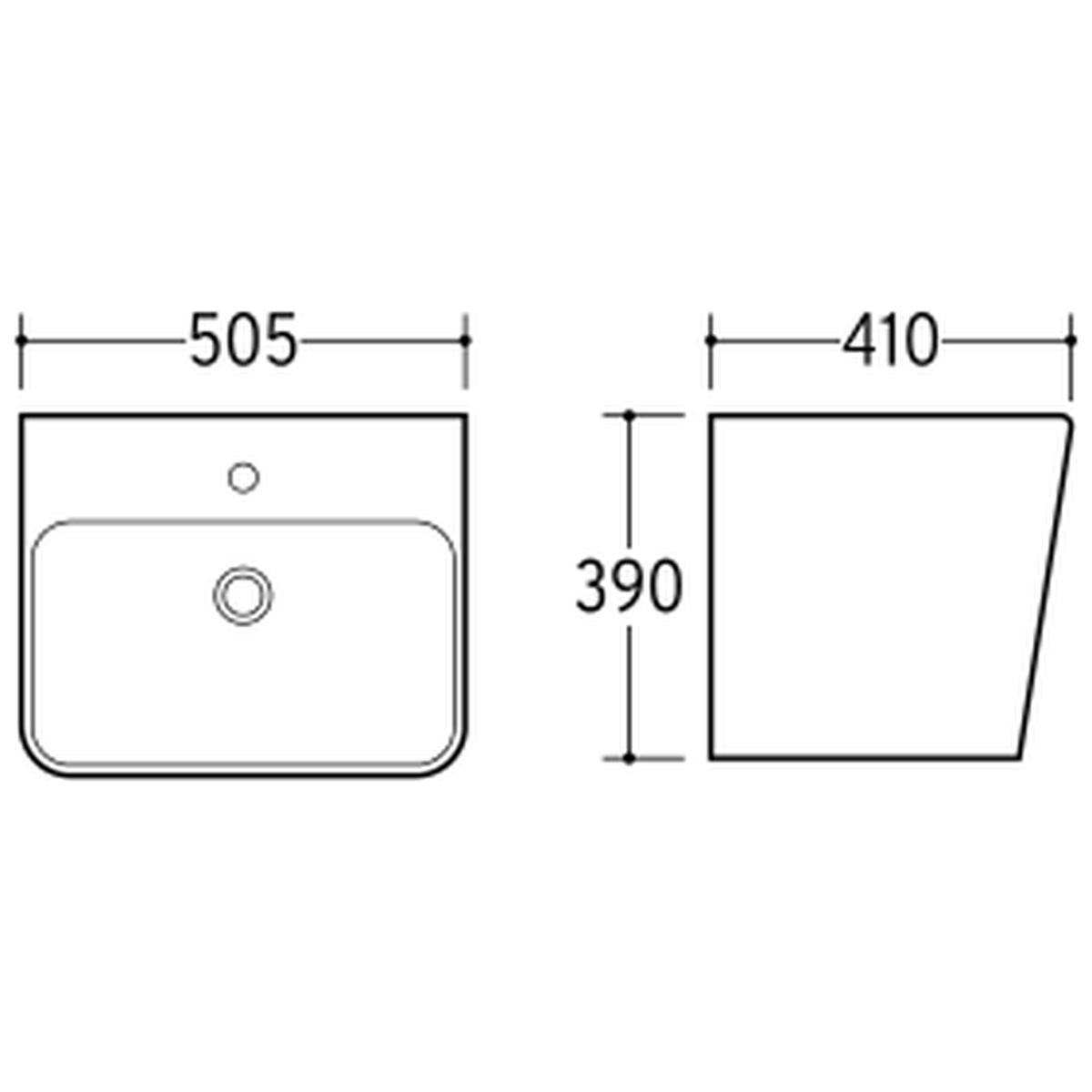 SANIKB NBK-245L wall-hung basin dimension drawing, 505 × 410 × 390 mm