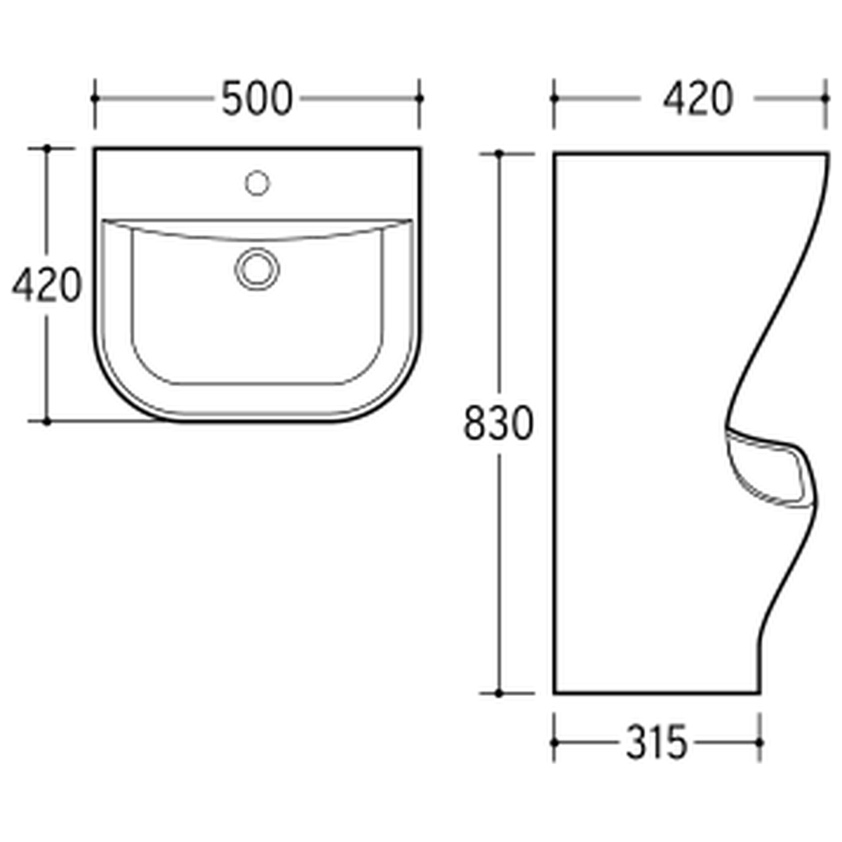 SANIKB NBK-282L pedestal basin dimension drawing, 500 × 420 × 830 mm