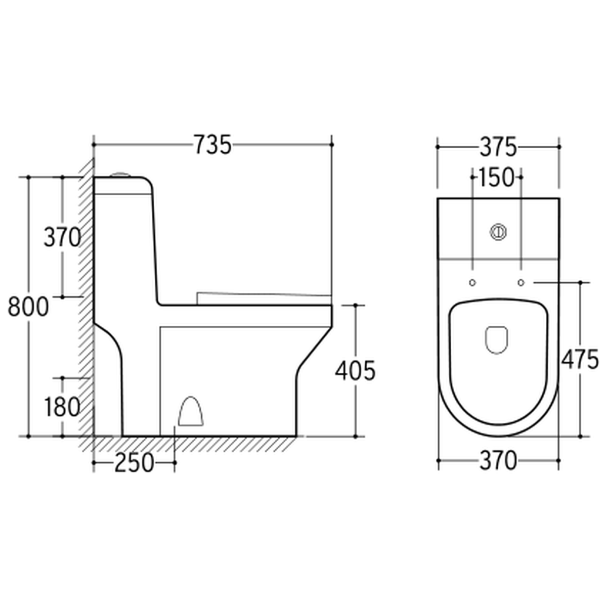 SANIKB NBK-3005 one-piece toilet dimension drawing, 735 × 375 × 800 mm