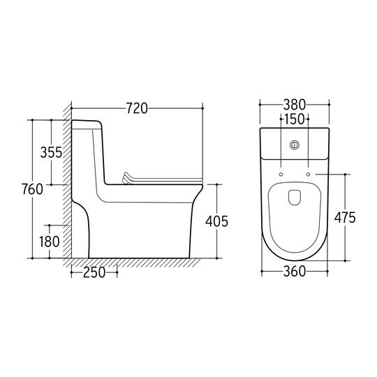 SANIKB NBK-3093 one-piece toilet dimension drawing, 720 × 380 × 760 mm