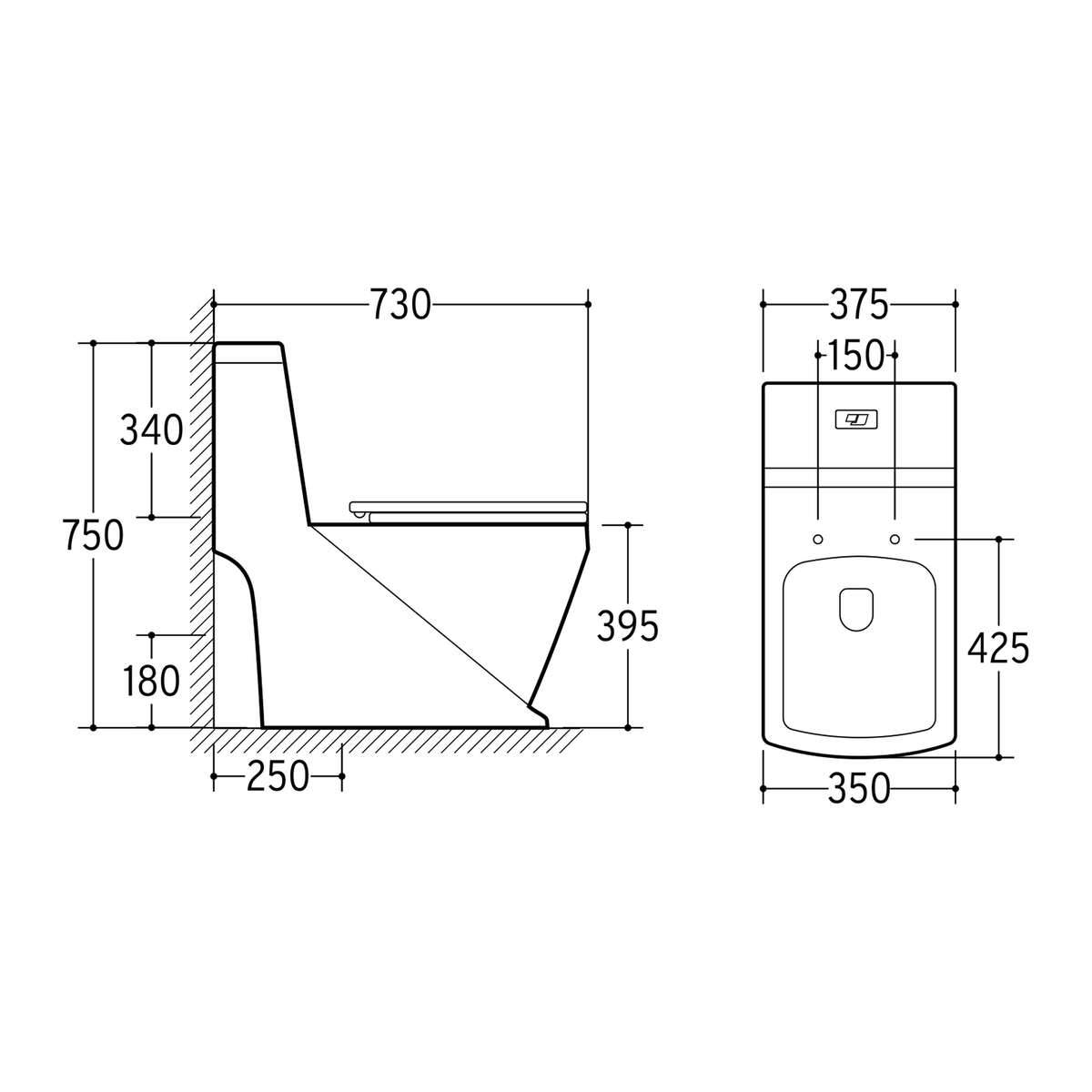 SANIKB NBK-3099 one-piece toilet dimension drawing, 730 × 375 × 750 mm