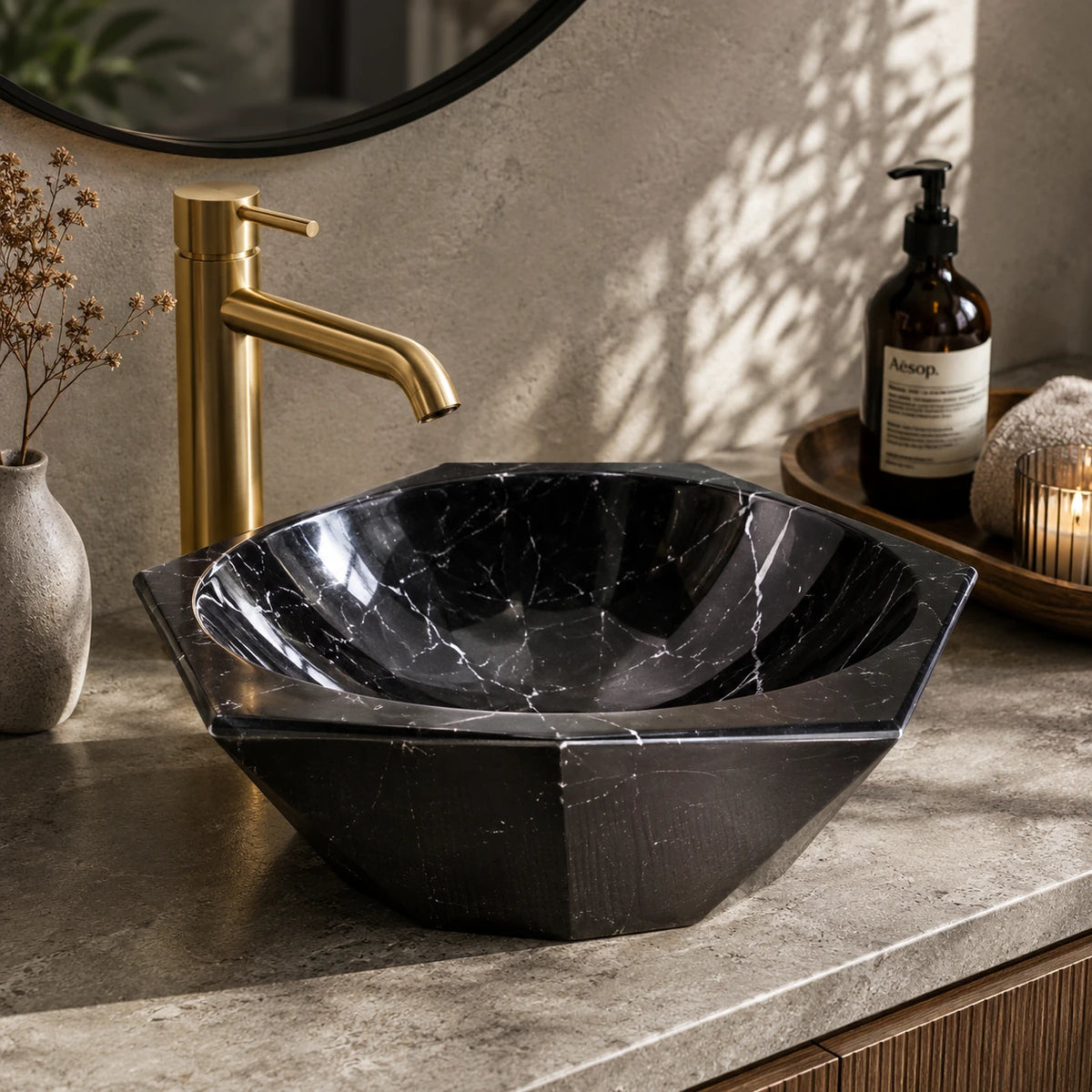 Nero Marquina Marble Boat-Shaped Vessel Basin 16.5×5.5