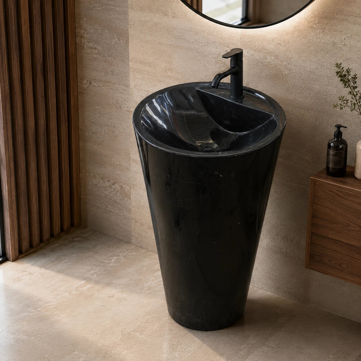 Nero Marquina Marble Cylindrical Pedestal Basin 43 mm