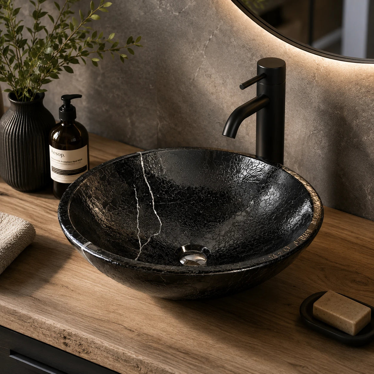Nero Marquina Marble Round Vessel Basin 16.5×5.5