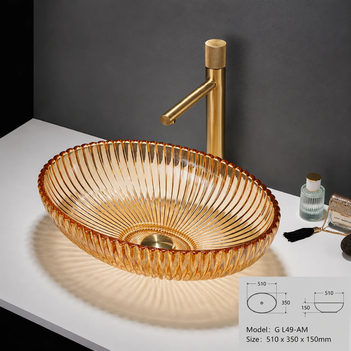 Amber ribbed oval glass vessel sink with brushed gold faucet, 510mm bathroom bowl