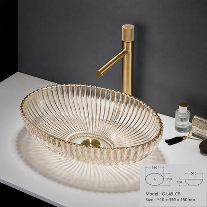 Champagne fluted oval glass vessel sink with gold faucet, 510mm art basin