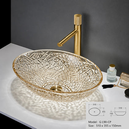 Champagne faceted glass vessel sink with gold faucet, oval 510mm bowl