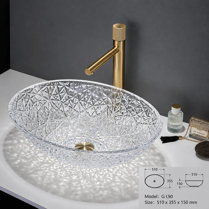 Clear crystal faceted glass vessel sink with gold faucet, oval 510mm bowl