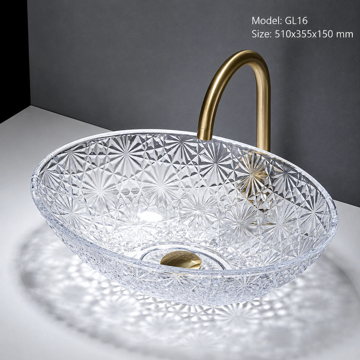 Clear crystal faceted glass vessel sink with gold faucet, oval 510mm starburst-cut bowl