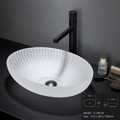 Frosted matte white fluted oval glass vessel sink with black faucet, 510mm basin