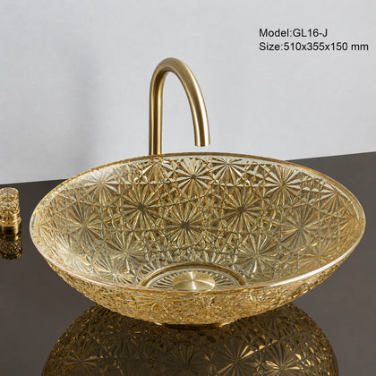 Gold tinted faceted glass vessel sink with gold faucet, oval 510mm starburst-cut bowl