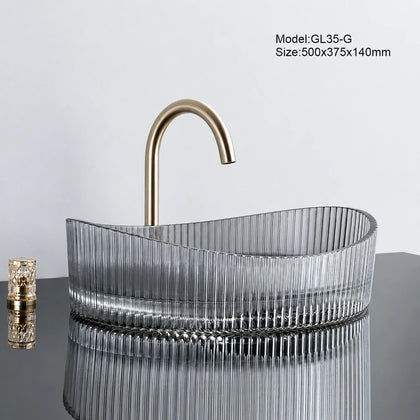 Grey fluted oval glass vessel sink with gold faucet, 500mm above-counter bathroom basin