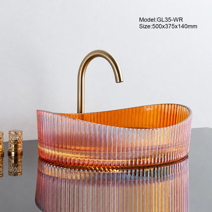 Iridescent rainbow fluted oval glass vessel sink with gold faucet, 500mm decorative basin