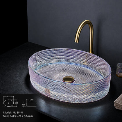 Iridescent rainbow faceted glass vessel sink with gold faucet, oval 500mm bowl