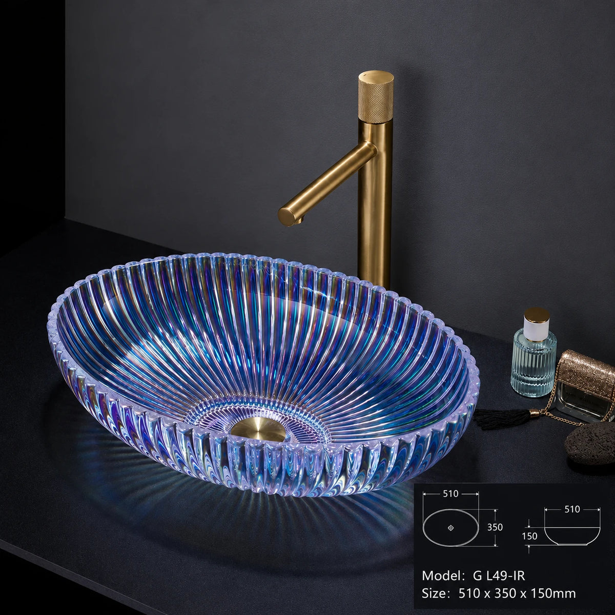 Iridescent rainbow ribbed oval glass vessel sink, gold faucet, 510mm art basin