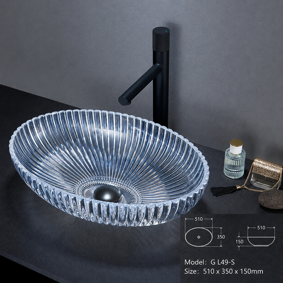 Sapphire blue ribbed oval glass vessel sink with black faucet, 510mm art basin