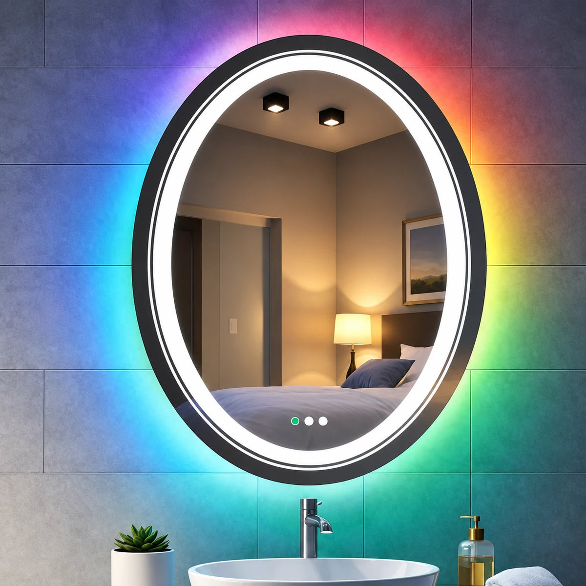 Oval RGB Halo LED Mirror — full product view; RGBE
